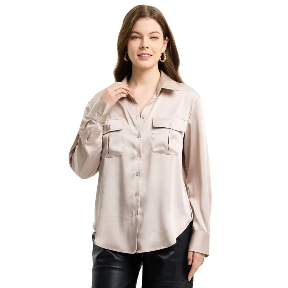 A New Day Women's Beige Classic Satin Long Sleeve Button Down Blouse Size Medium
